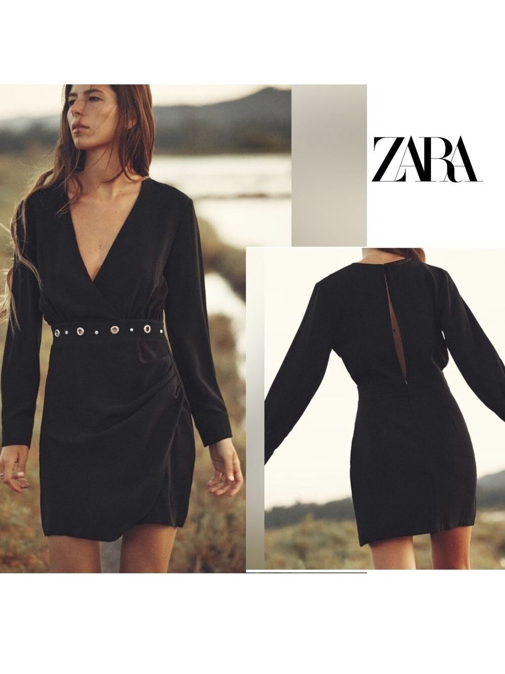 Zara black wrap V-neck long sleeve mini dress Silvertone Grommet eyelet trim M
